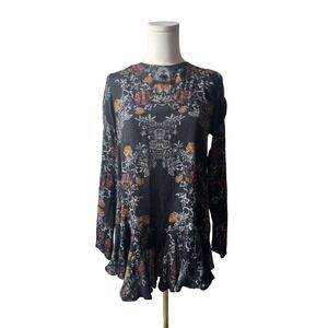 Free People Black Floral Long Sleeve Open Back Rufffle Hem Mini Dress Sz XS Rare